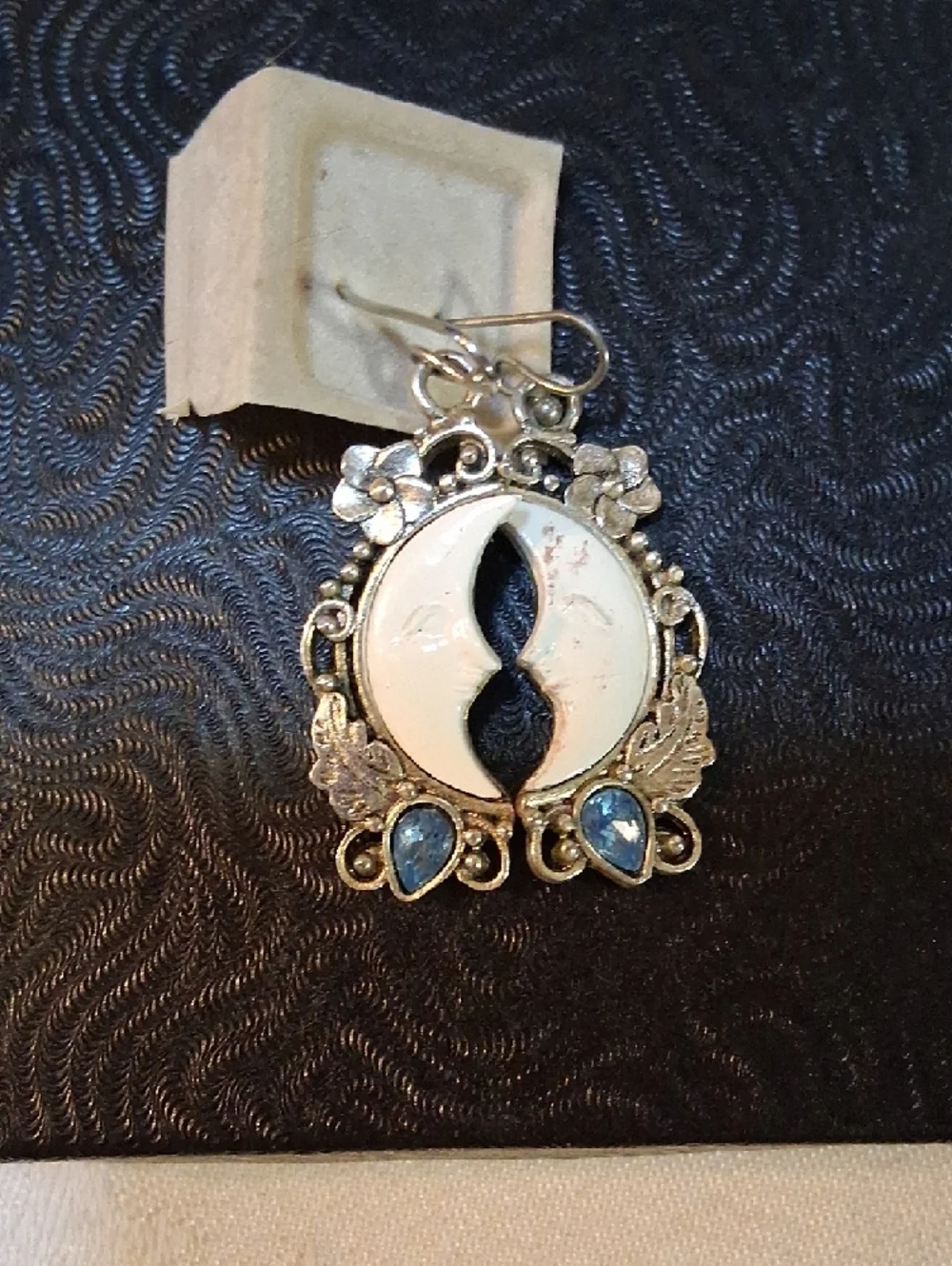 Silver Tone White Moon & Blue Crystal Drop Earrings - Picture 3 of 3
